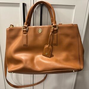 Tory Burch Saffiano Leather Robinson Double Zip Large Satchel Brown